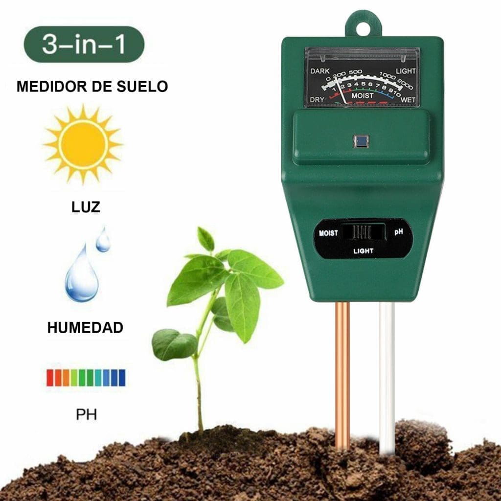 Medidor de Suelo 3 en 1 Humedad, pH y Luz para Plantas sin Pilas