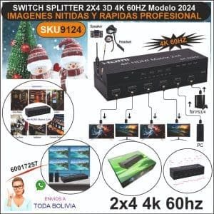 SKU9124 SWITCH SPLITTER 2×4 3D 4K 60Hz profesional. Imagen nitida V2 2024.