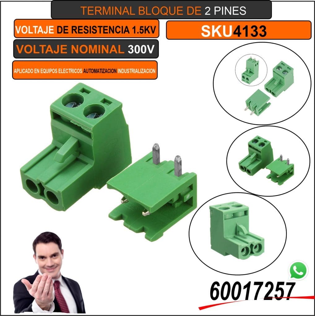 Bornera Enchufable 2 Pines Paso 5.08 mm con Base en Ángulo Recto