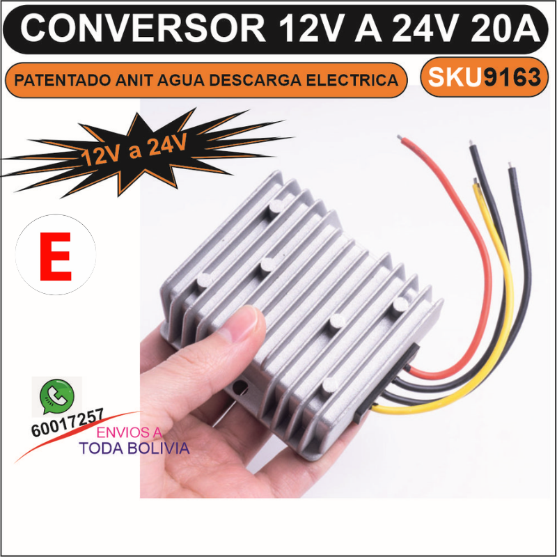 Convertidor Elevador de Voltaje 12V a 24V 20A Patentado anti agua y de descargas electricas.