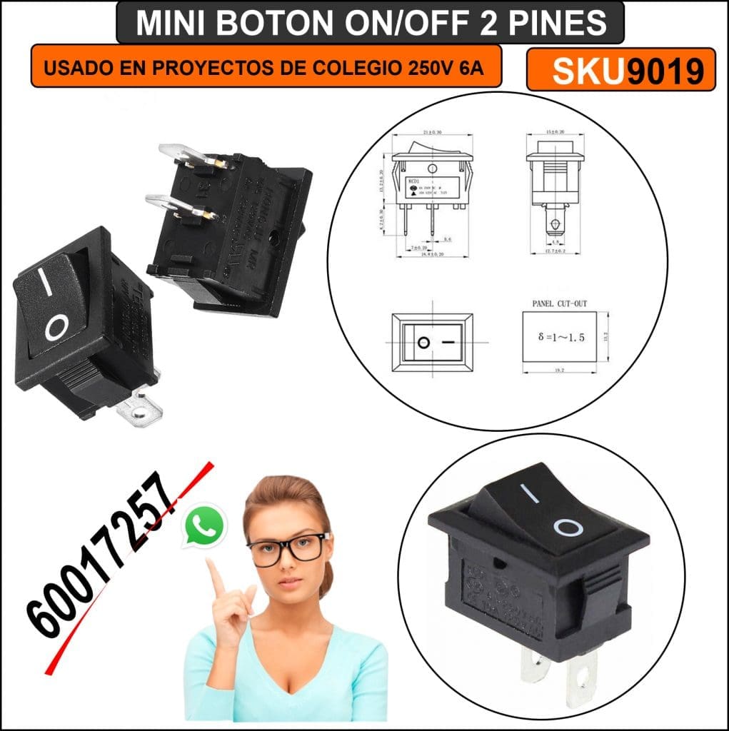 Mini botón ON/OFF 2p – Mini Boton ON/OFF de 2p pines [21x15]mm 250V 6A Modelo KCD1-101 Interruptor