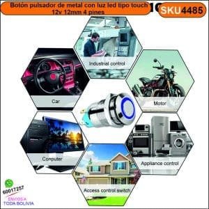 Botón pulsador de metal con luz led tipo touch 12v 12mm 4 pines varios colores