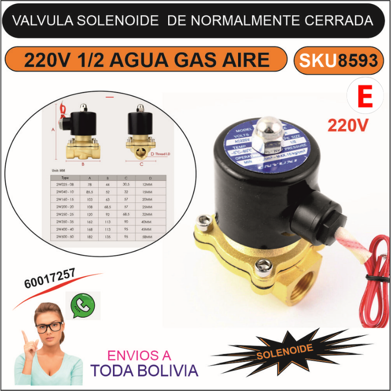 Válvulas solenoides 1/2 220V de Agua, Gas, Aire, Aceite, Multifluido de Alto Rendimiento NORMALMENTE CERRADA