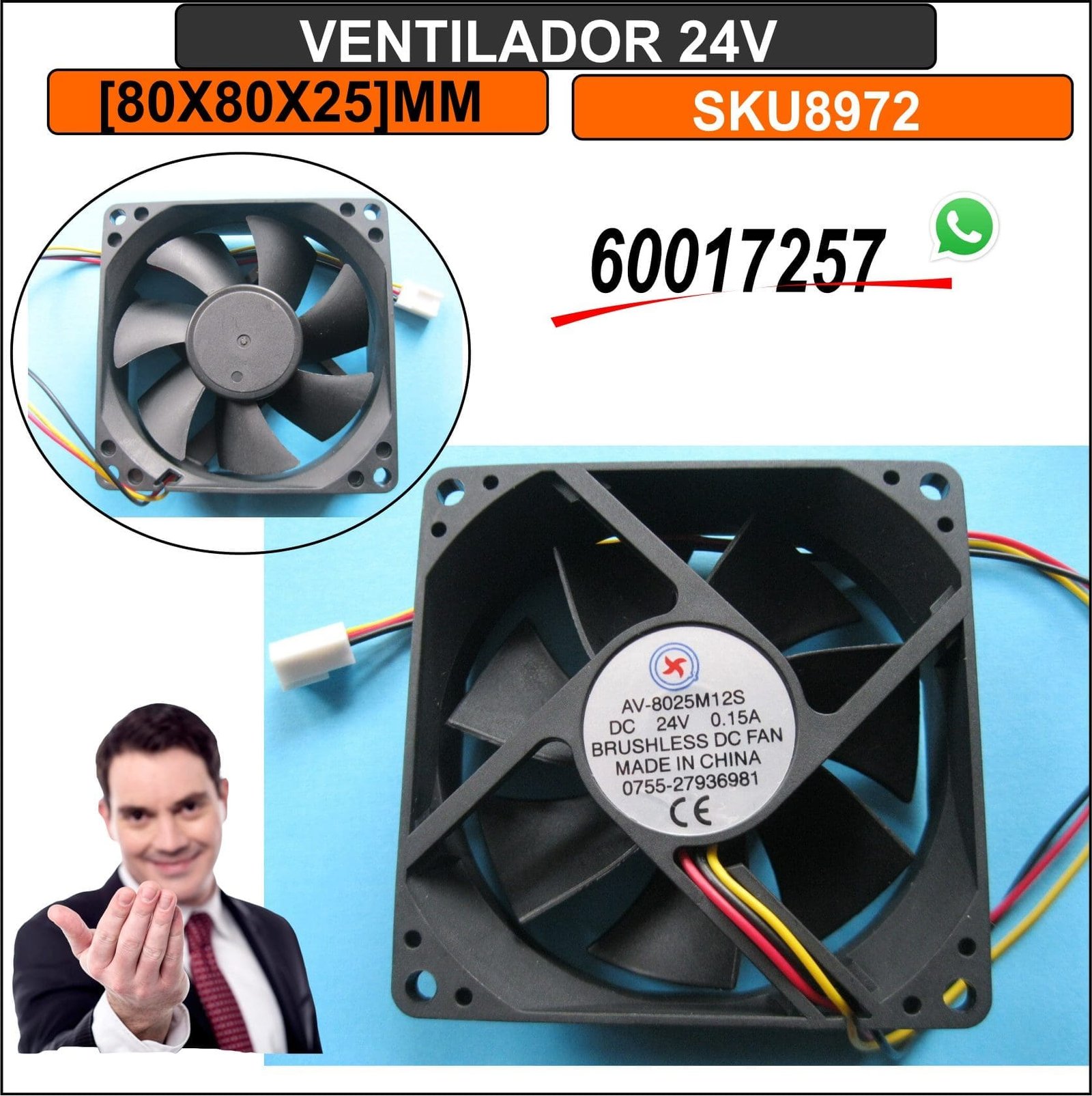Ventilador de refrigeración 24V 3 Cables [8x8x2.5]cm [80x80x25]mm Duradero y Compacto