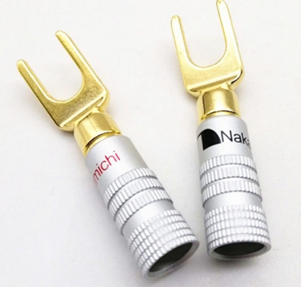 Nakamichi Conector pala de horquilla de tornillo enchufe de banana en forma de U chapado en oro Conector de cable de audio 21 Conector Nakamichi pala de horquilla – Nakamichi Conector pala de horquilla de tornillo enchufe de banana en forma de U chapado en oro Conector de cable de audio