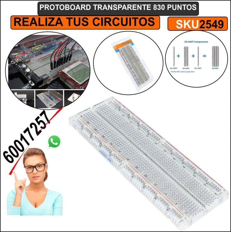 Protoboard Transparente de 830 Puntos (16,5 x 5,5 cm) - vista 3