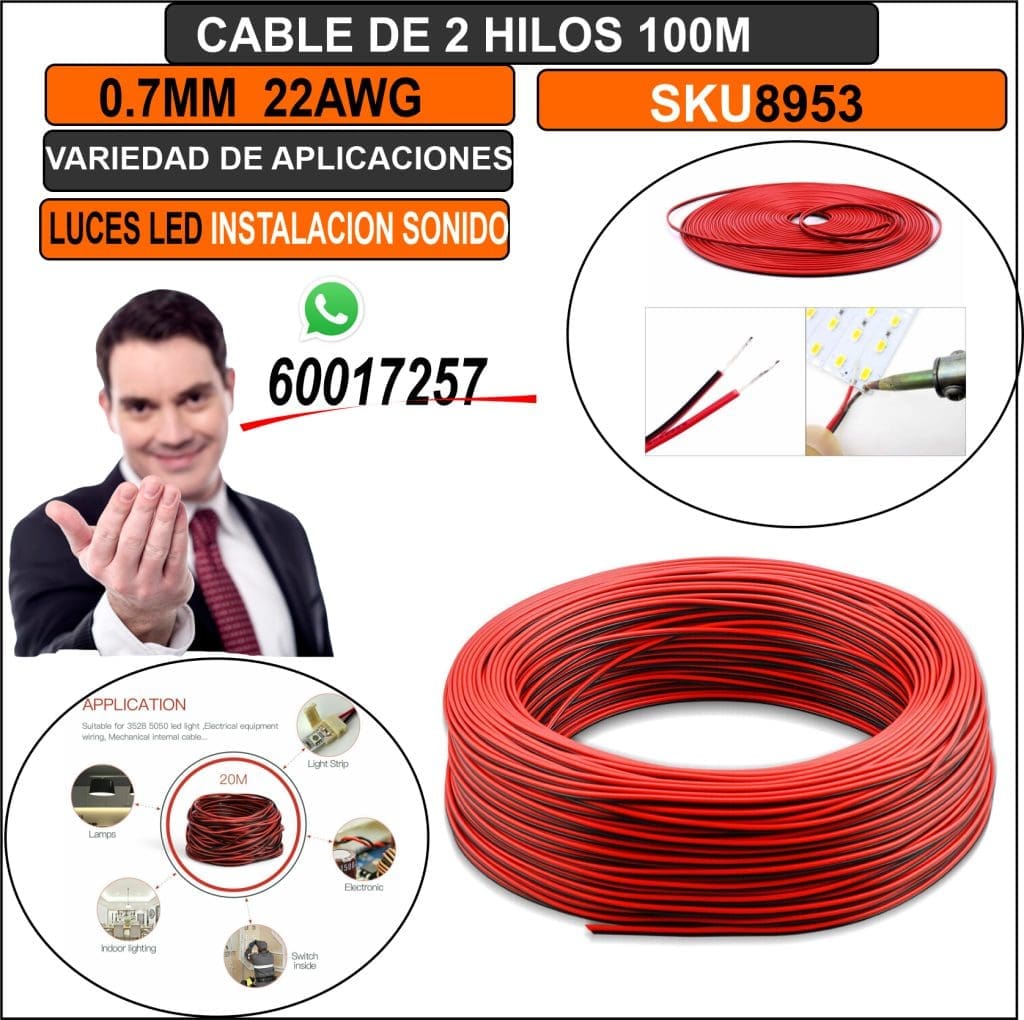 Cable de 2 hilos 22 AWG – Cable de 2 hilos 22 AWG 0.7mm 100M para Luces LED Corriente Instalacion de Sonido Sensores