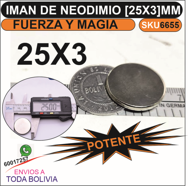 Imán de Neodimio Disco 25x3 mm – Recubrimiento Níquel - vista 2