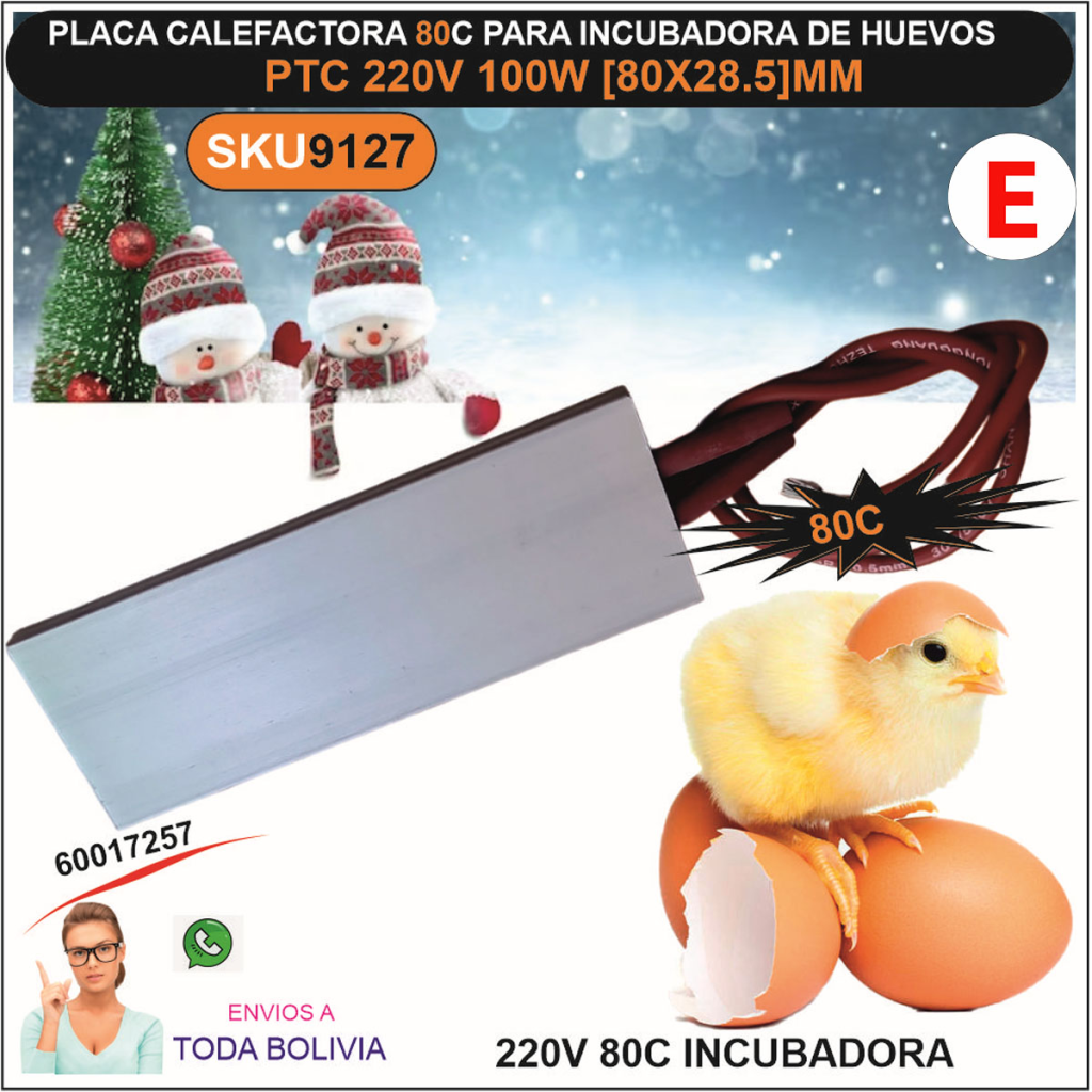Placa Calefactora PTC 80 °C 220V 80x28.5 mm – Resistencia de Aluminio para Incubadoras, Terrarios y Germinadores
