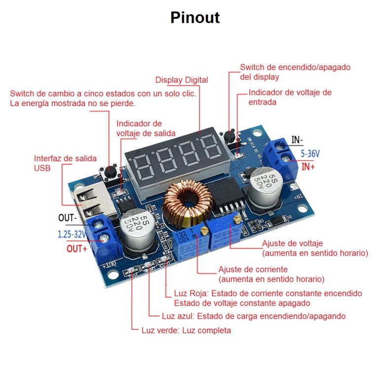 Regulador de Voltaje XL4015 Step Down 5A con CC/CV – Convertidor DC-DC Reductor Ajustable de 4–38V a 1.25–36V 17 Regulador de Voltaje XL4015 Step Down 5A con CC/CV – Convertidor DC-DC Reductor Ajustable de 4–38V a 1.25–36V - vista 2
