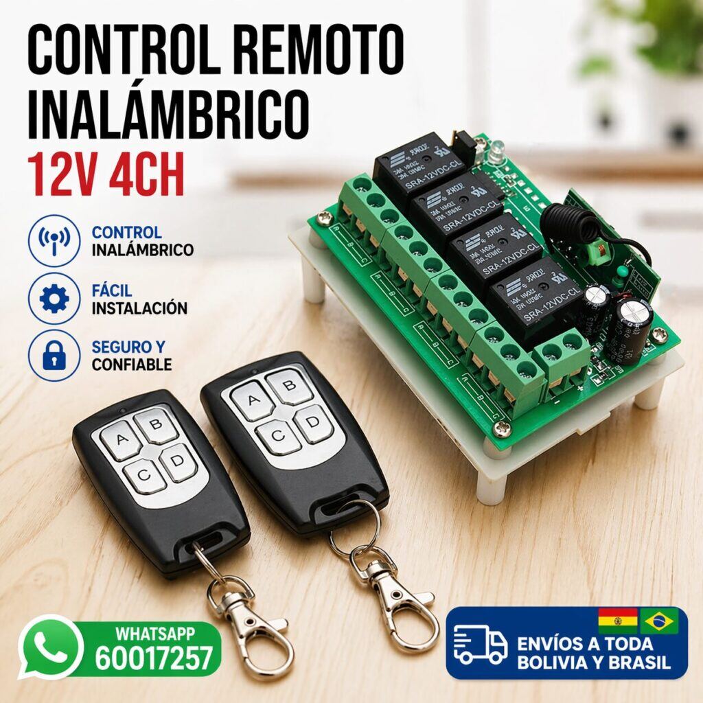 Control Remoto Inalámbrico 12V de 4 Canales con 2 Transmisores – Receptor RF con Relés para Portones, Luces y Bombas