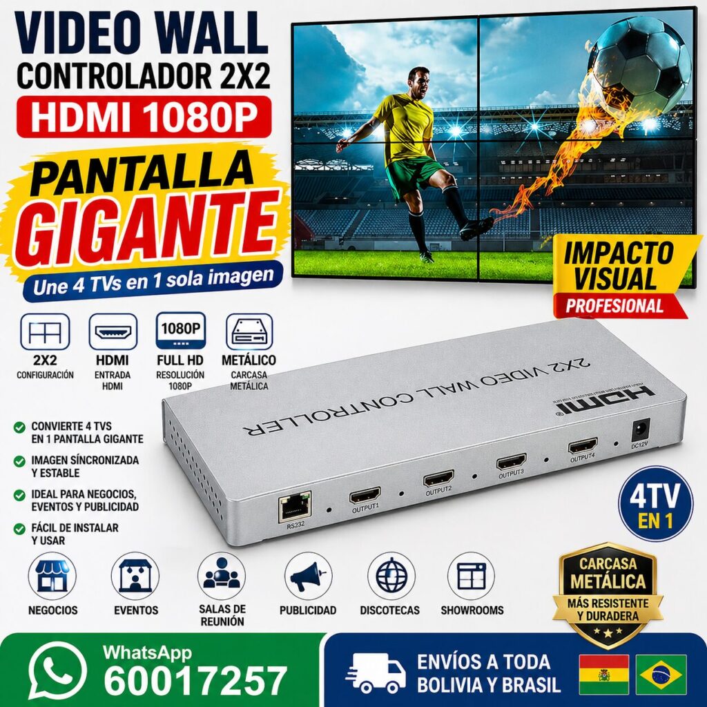 Controlador Video Wall 2x2 HDMI 1080p Metálico – Une 4 TVs en una Pantalla Gigante para Tiendas y Eventos