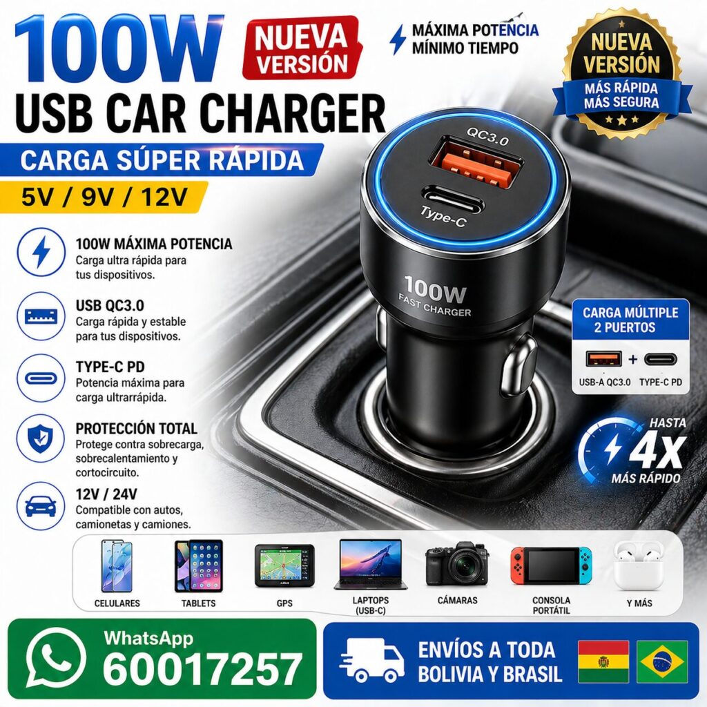 Cargador de Auto 100W USB-A QC3.0 y USB-C PD – Carga Rápida para Celulares, Tablets y Laptops Compatibles en el Vehículo