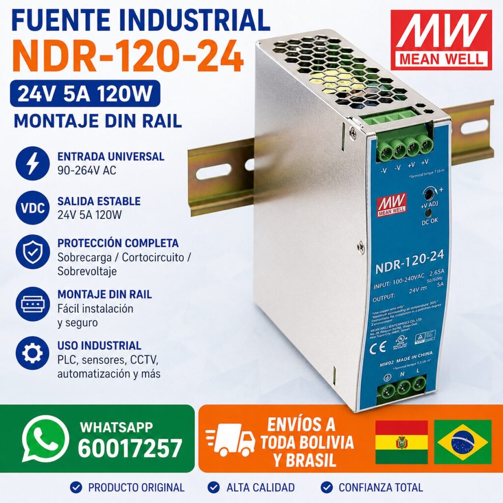 Fuente Riel DIN 24V 5A 120W NDR-120-24 – Fuente Industrial para Tableros, PLC y Automatización