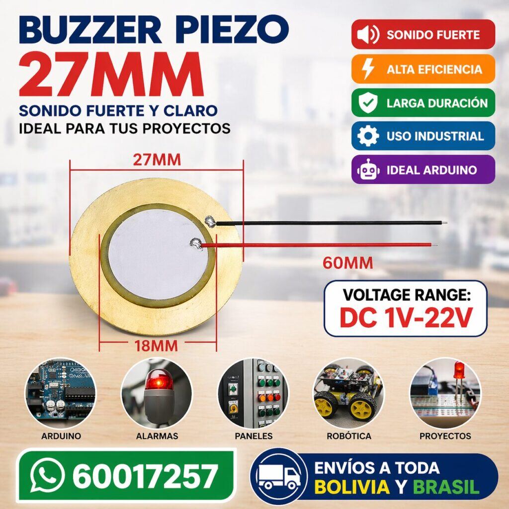 Buzzer Piezoeléctrico 27 mm DC 1V a 22V – Para Alarmas, Paneles y Arduino 11 Buzzer Piezoeléctrico 27 mm DC 1V a 22V – Para Alarmas, Paneles y Arduino