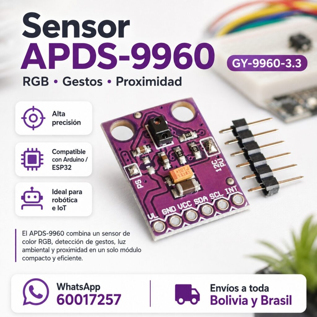 Sensor de Gestos APDS-9960 GY-9960 3.3V – Color RGB, Luz Ambiental y Proximidad para Arduino y ESP32