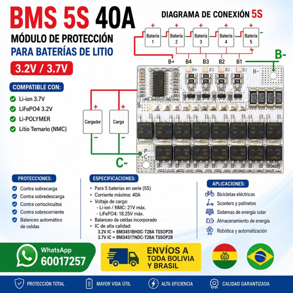 BMS 5S 40A para Baterías de Litio 18650 (18.5V / 21V) – Placa de Protección con Balanceo para Packs de 5 Celdas