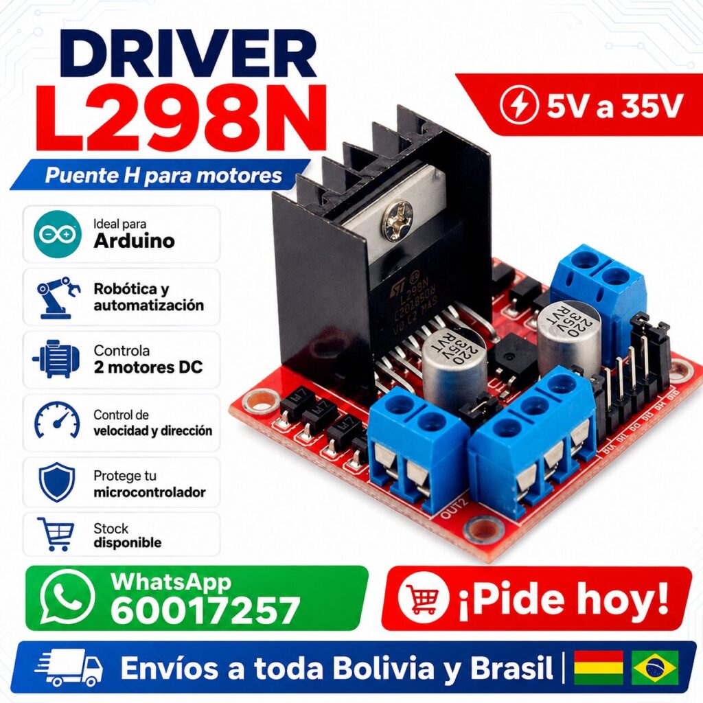 ⚡Potencia industrial en tu proyecto: Driver L298N para motores 5V-35V – Robótica, Arduino y automatización⚡ 21 Driver L298N – ⚡Potencia industrial en tu proyecto: Driver L298N para motores 5V-35V – Robótica, Arduino y automatización⚡