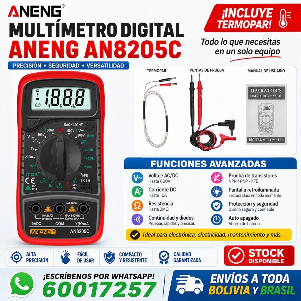 Multímetro ANENG AN8205C – 🌡️ ANENG AN8205C con Termopar – Detecta Fallas Eléctricas y Sobrecalentamiento con una Sola Herramienta