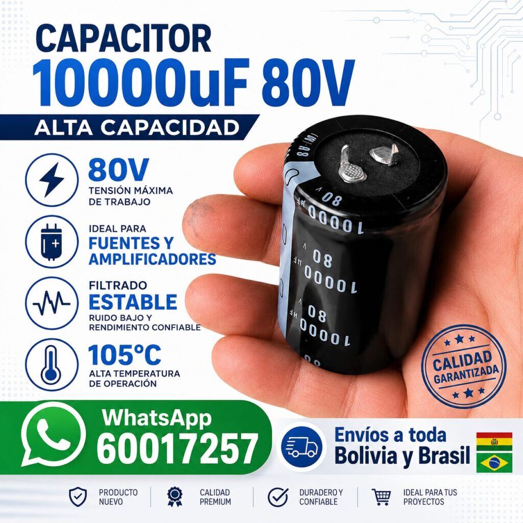 Capacitor Electrolítico 10000 µF 80V Snap-In – Condensador de Filtro para Fuentes, Amplificadores y Sistemas de Potencia