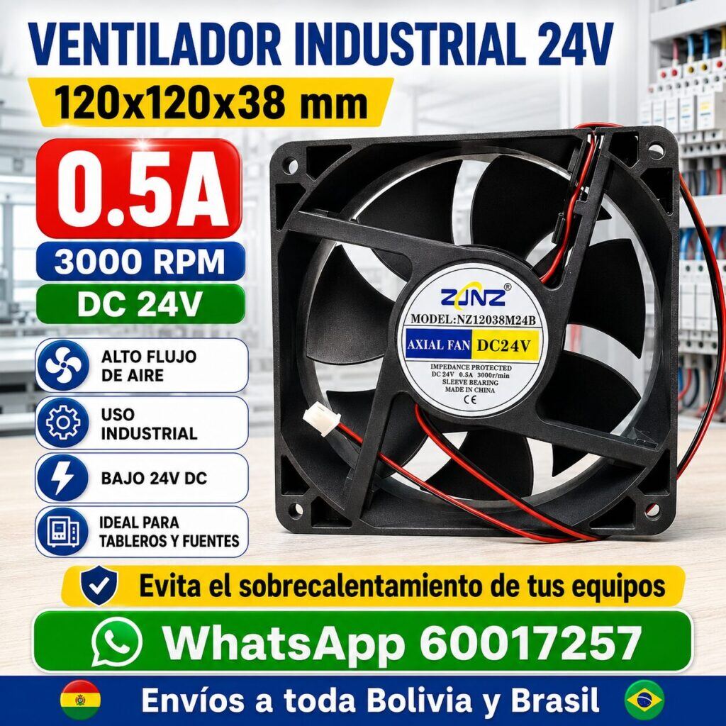 Ventilador 24V 120x120x38 mm 0.57A 3000 RPM – Ventilador Industrial para Tableros, Fuentes e Inversores