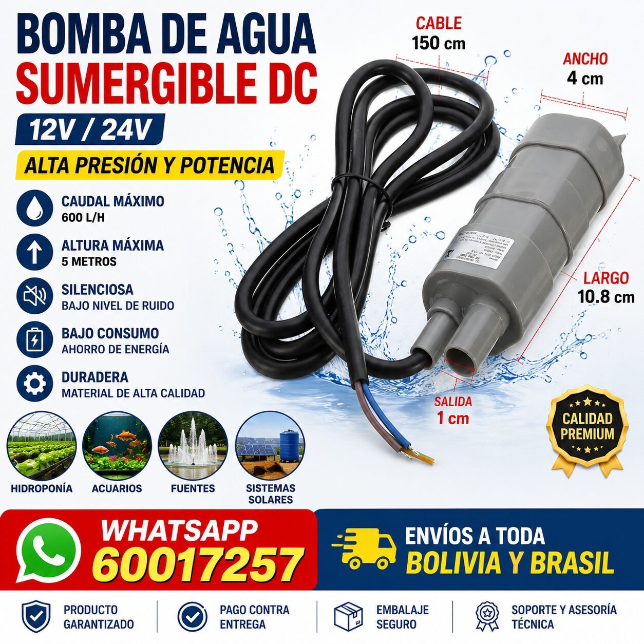 Bomba de agua sumergible DC 5m 12V/24V 600L/H alta presión