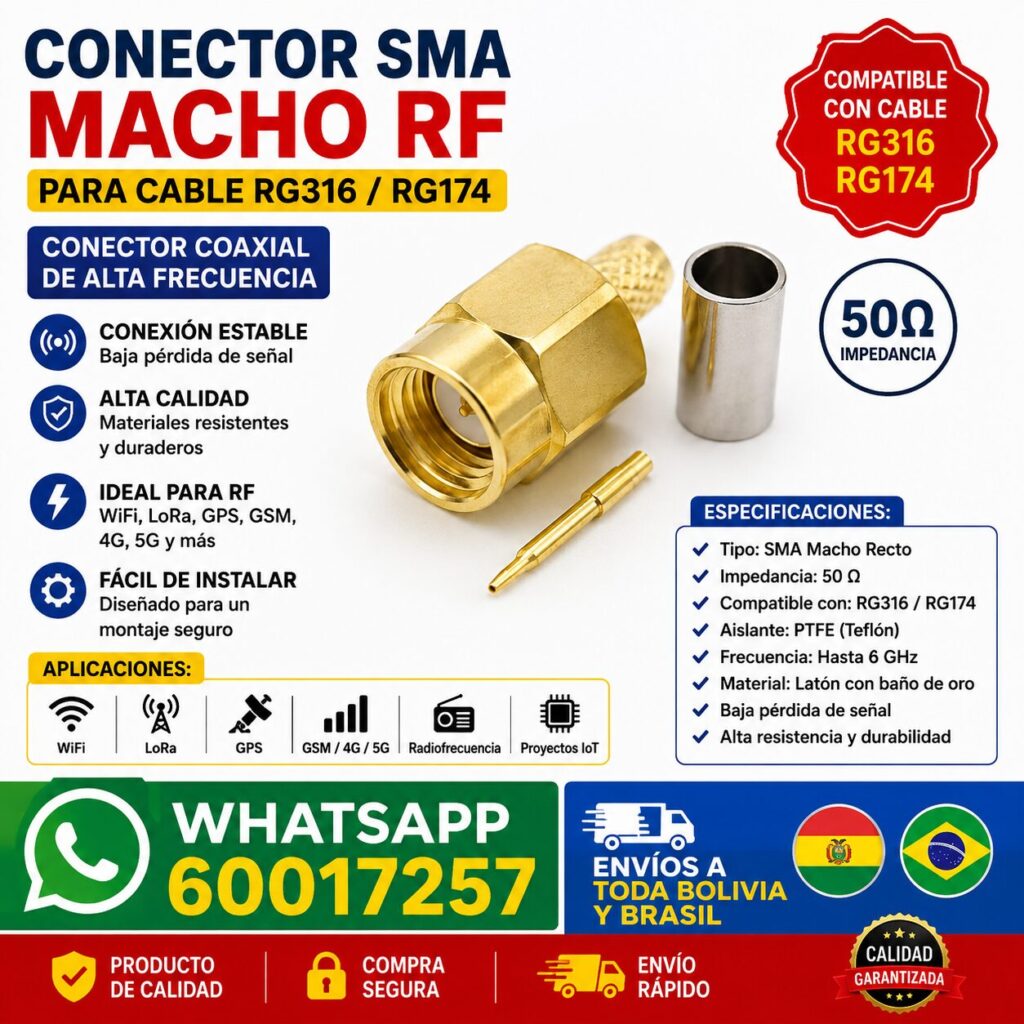 Conector SMA Macho Recto de Crimpar para Cable RG316 y RG174 – Conector RF 50 Ohm con Aislante PTFE