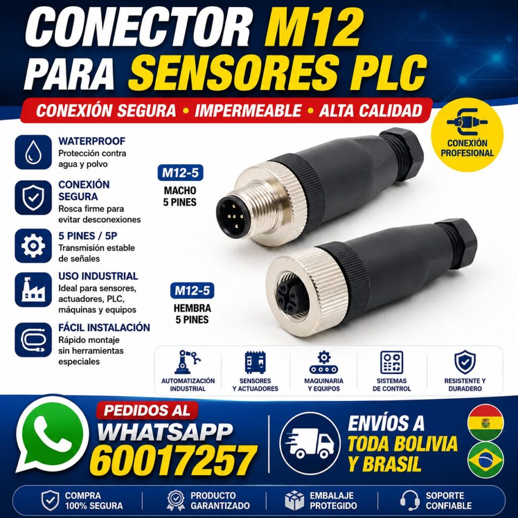 Conector M12 5 pines – 💧 Conector M12 Waterproof 5 Pines – Conexión profesional para sensores, maquinaria, PLC y proyectos industriales macho + hembra