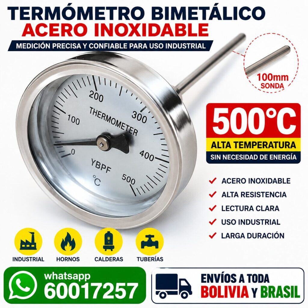 Termómetro Bimetálico 0–500 °C de Acero Inoxidable con Vástago de 100 mm 11 Termómetro Bimetálico 0–500 °C de Acero Inoxidable con Vástago de 100 mm