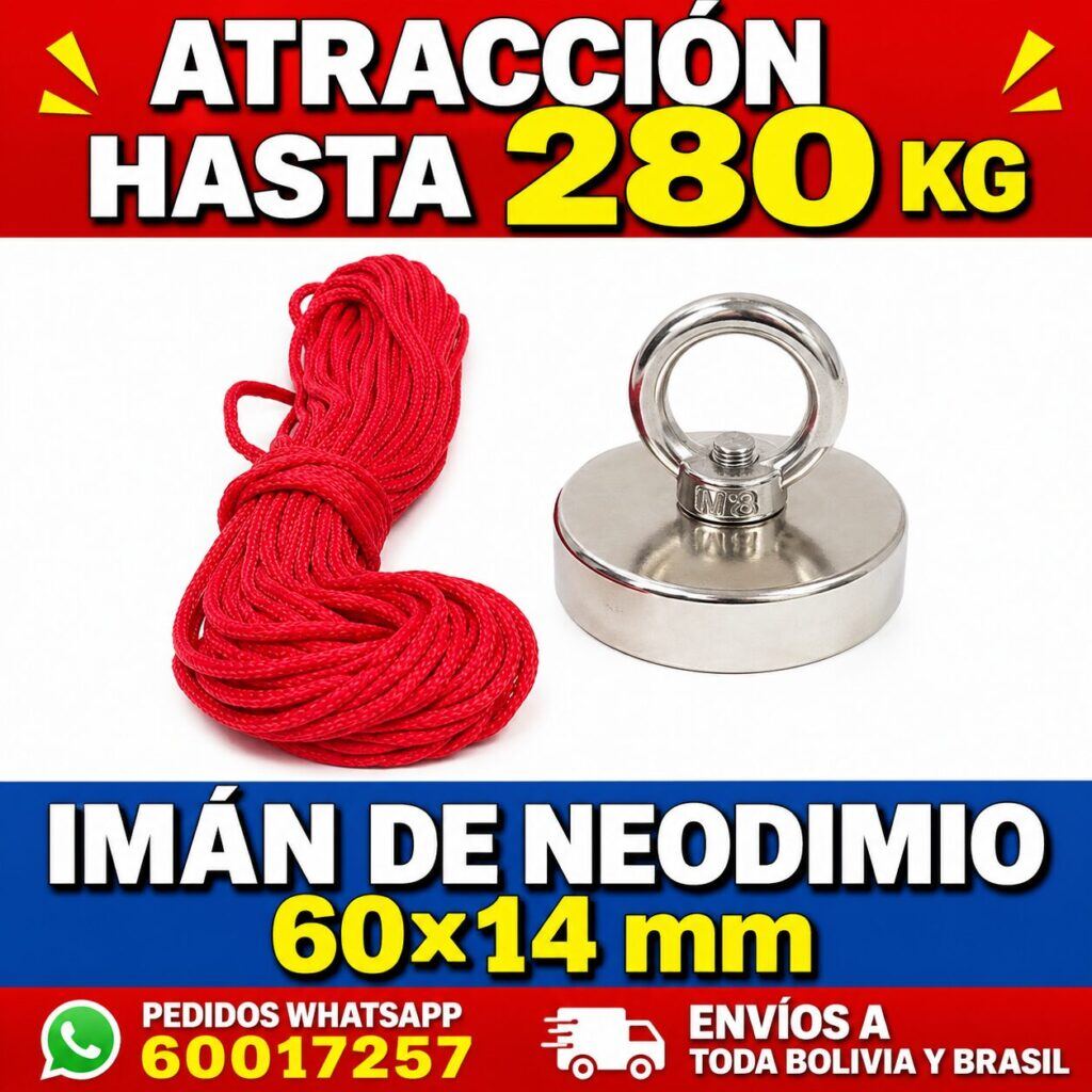 Imán de neodimio 60×14 mm – 🧲 Imán de Neodimio 60×14 mm con Argolla – Fuerza de Atracción hasta 280 kg