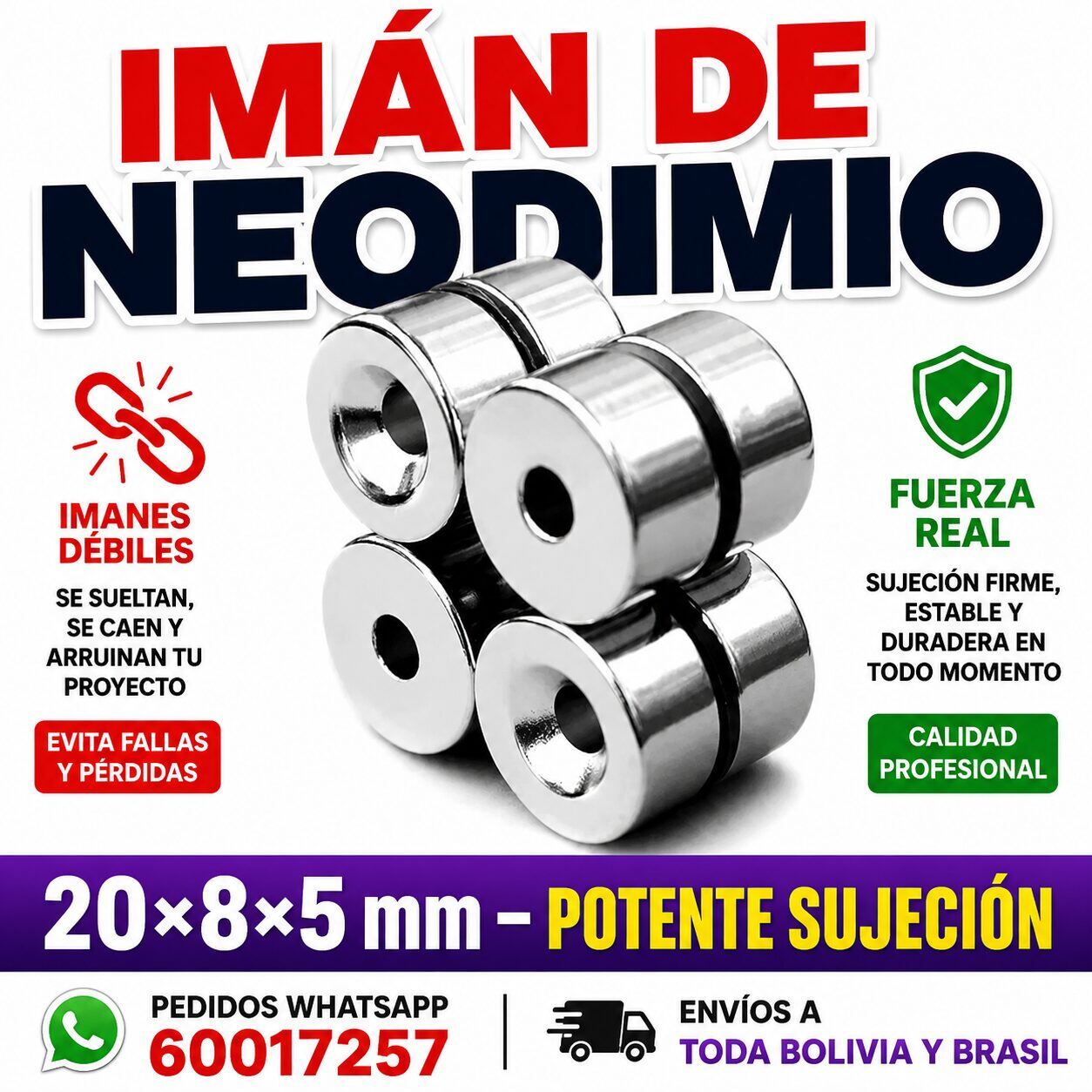 Imán Rectangular de Neodimio 20 x 8 x 5 mm para Cierres Magnéticos