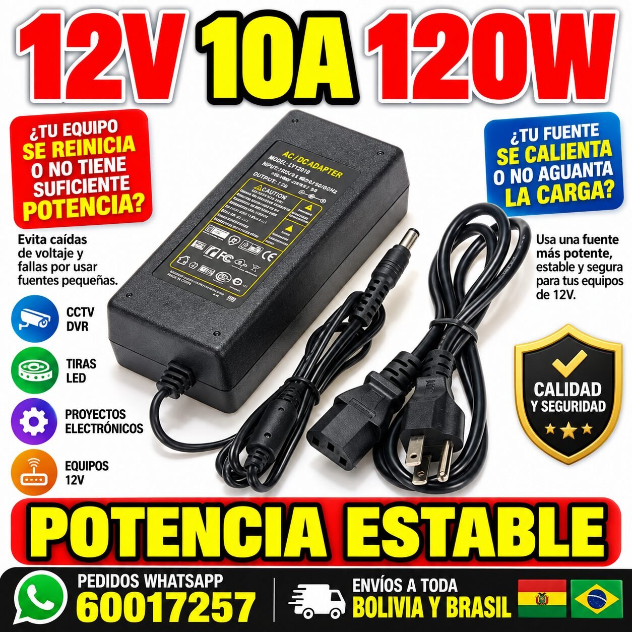 🔌💪 Adaptador 12V 10A de alto rendimiento Estabilidad total para tus dispositivos más exigentes 💡🔋