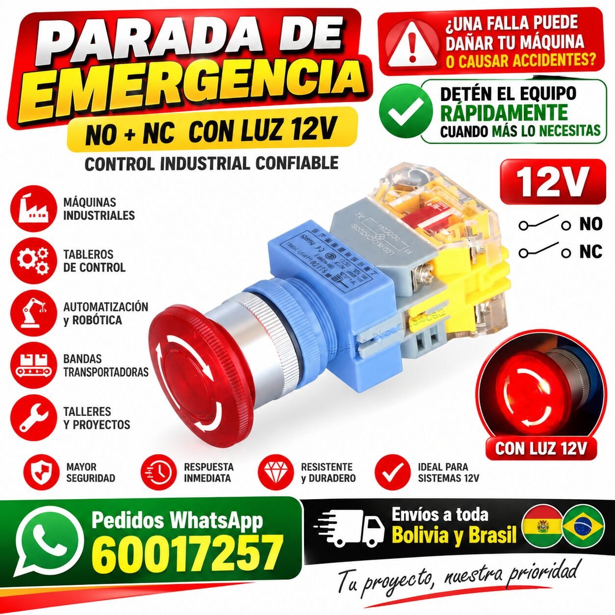 Interruptor botón parada de emergencia LED 12v color Rojo 22 mm LAY37-11ZSD NO + NC