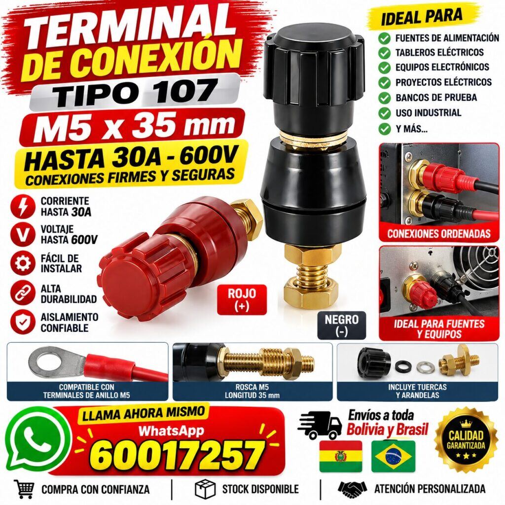 Borne de Conexión 107 M5 x 35 mm 30A 600V – Rojo y Negro para Panel