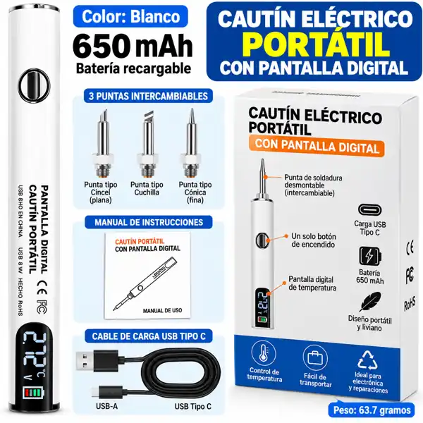 🔥 ¿No Hay Enchufe Donde Necesitas Soldar? Cautín Portátil Recargable USB con Pantalla Digital y 3 Puntas de Repuesto 4 Cautín portátil recargable con pantalla digital, cable USB tipo C y 3 puntas de repuesto