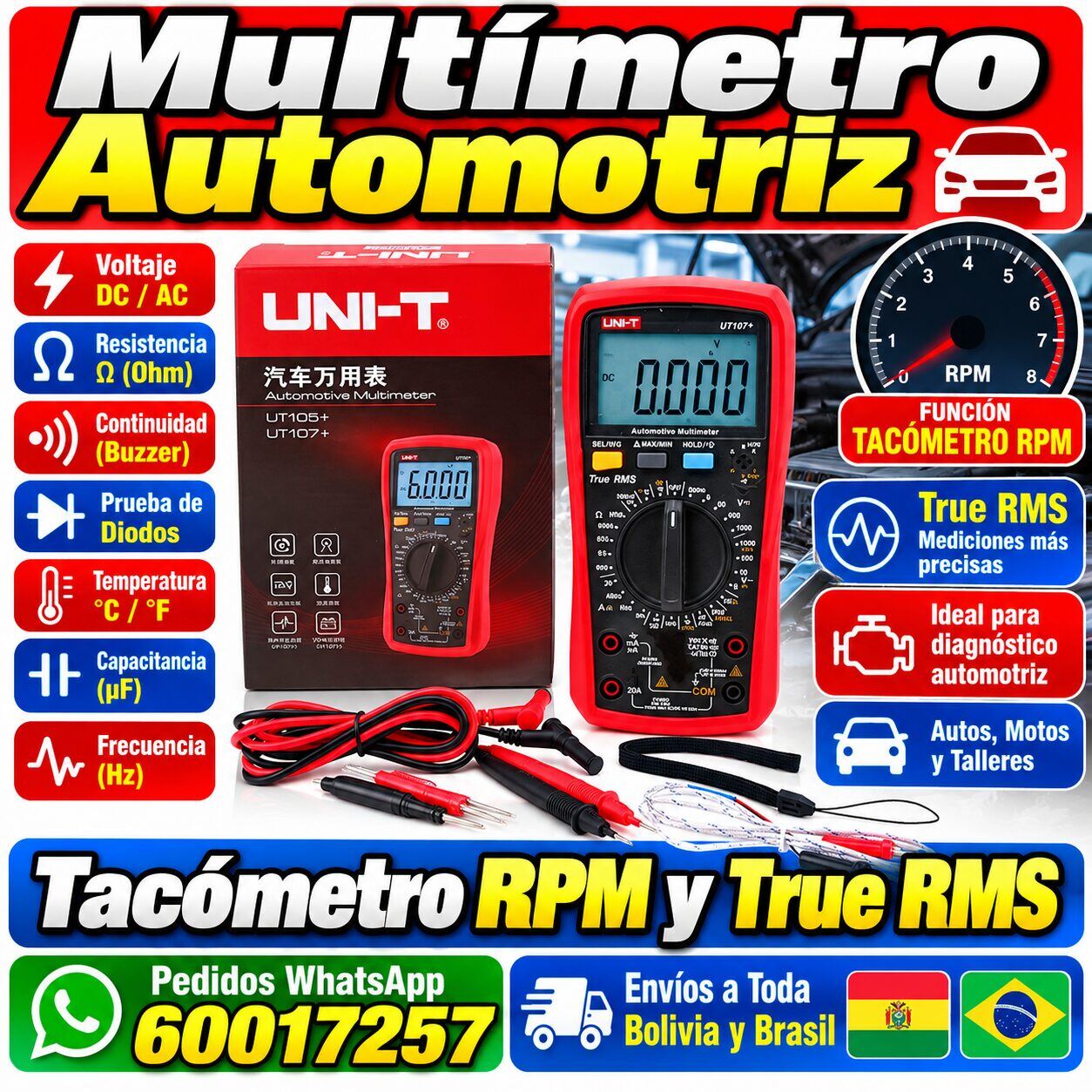 Tester Automotriz UNI-T UT107+ – Multímetro True RMS con Tacómetro RPM y VFC para Taller