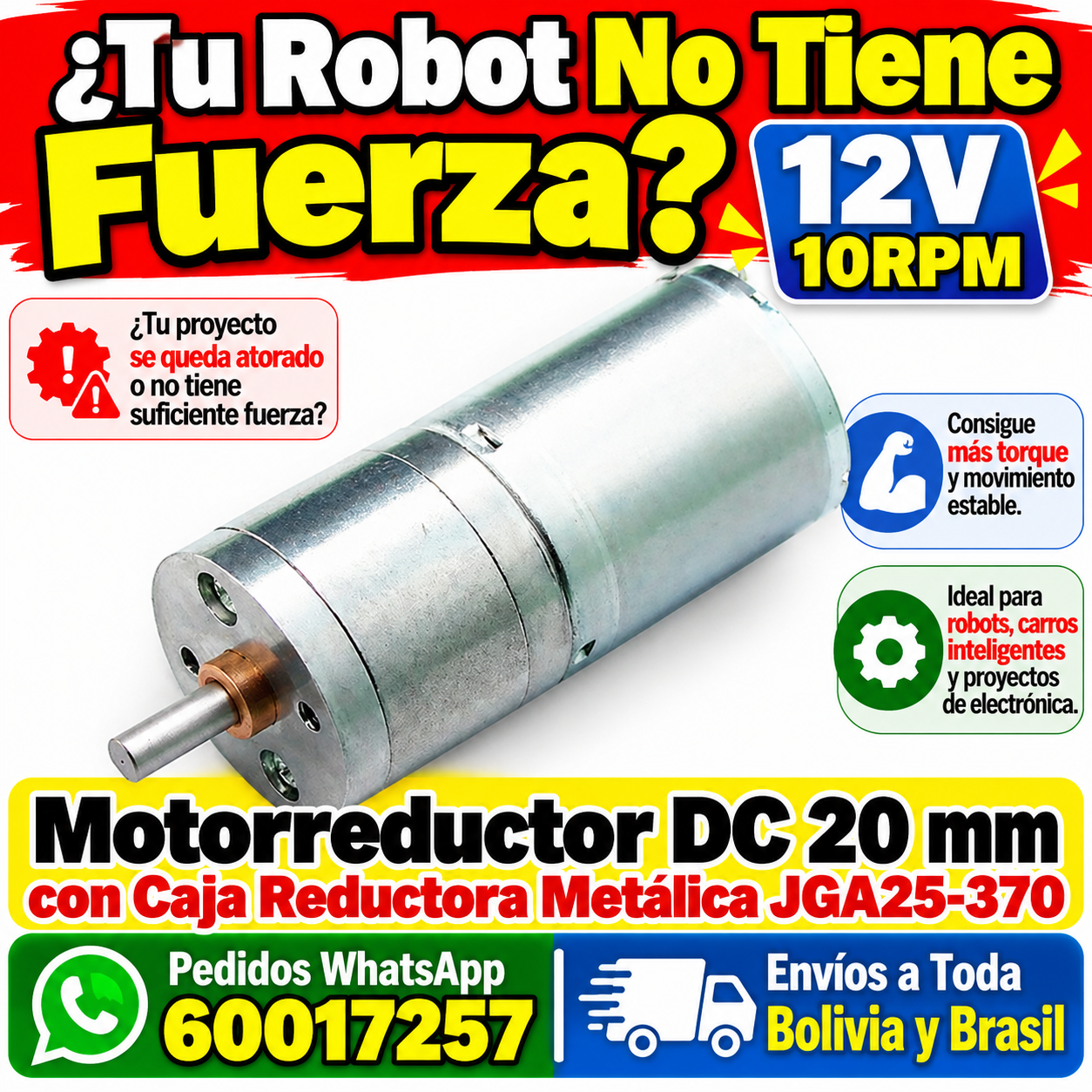 Motorreductor JGA25-370 12V 10 RPM con caja reductora metálica y eje tipo D
