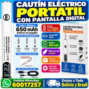 Cautín portátil recargable USB tipo C con pantalla digital y 3 puntas de repuesto