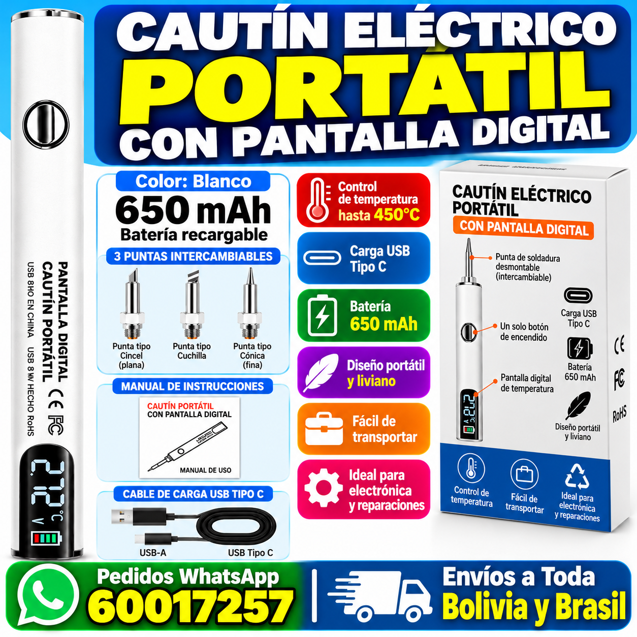 Cautín portátil recargable USB tipo C con pantalla digital y 3 puntas de repuesto Cautín portátil recargable USB tipo C con pantalla digital y 3 puntas de repuesto