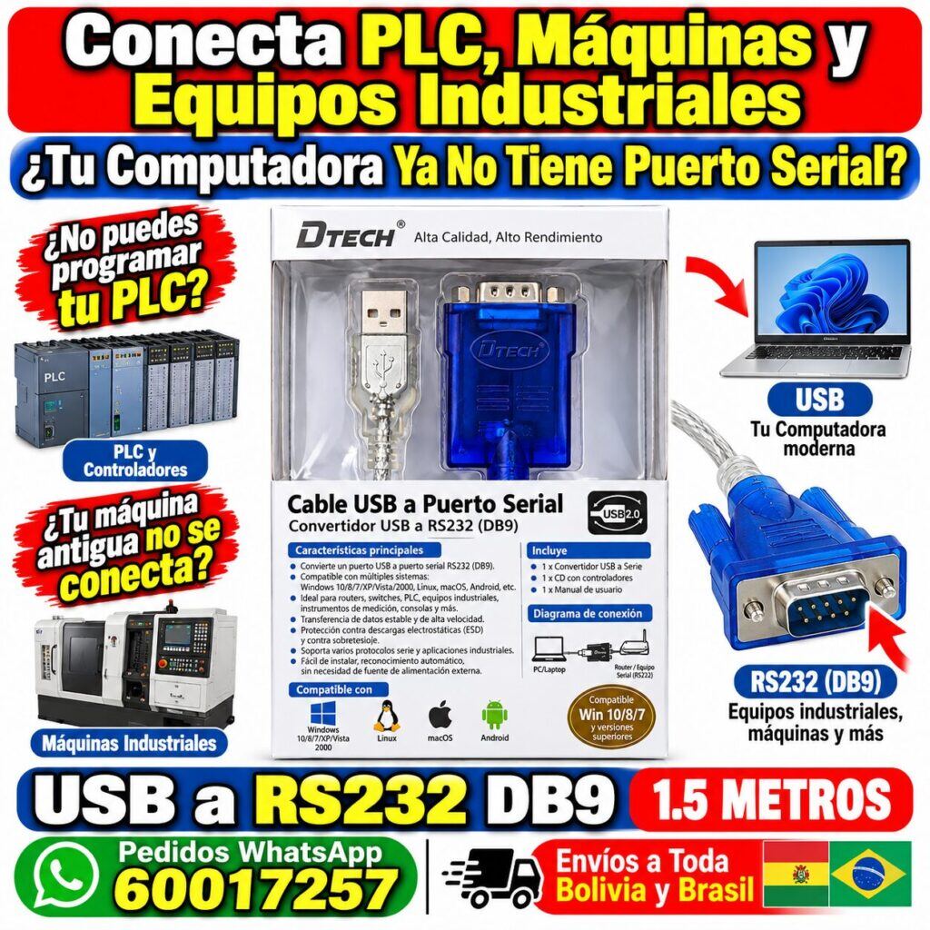 Convertidor USB a RS232 DB9 UOTEK UT-8801 – Cable Serial 1.5 m para PLC y Equipos Industriales