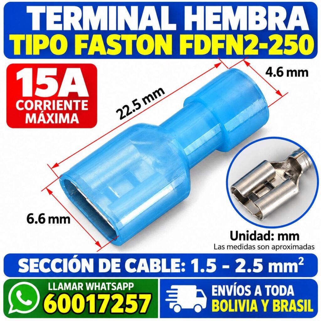 Terminal Hembra Faston 6.3 mm Aislado Azul FDFN2-250 – 15A, Cable 1.5–2.5 mm²