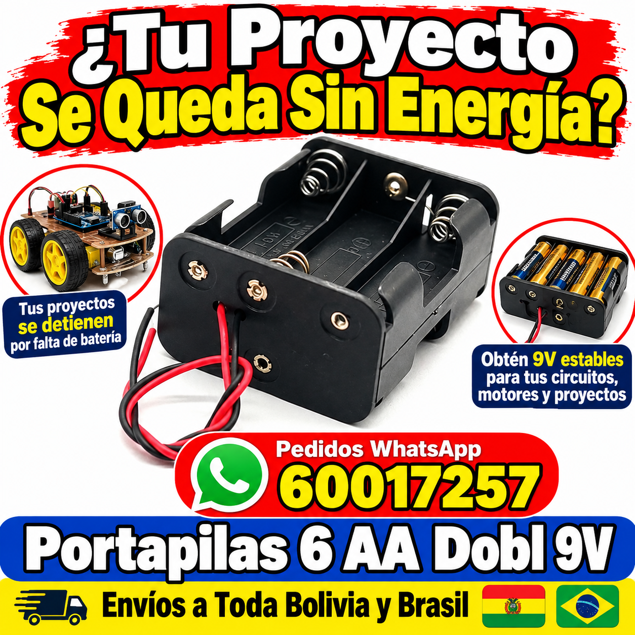 Portapilas 6 AA doble capa 3x2 con cable rojo y negro 9V Portapilas 6 AA doble capa 3x2 con cable rojo y negro 9V