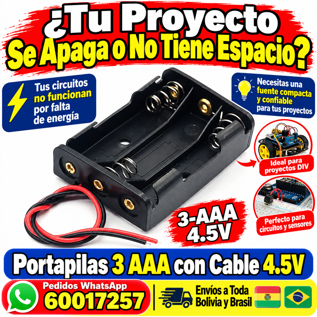 Portapilas 3 AAA con cable rojo y negro salida 4.5V