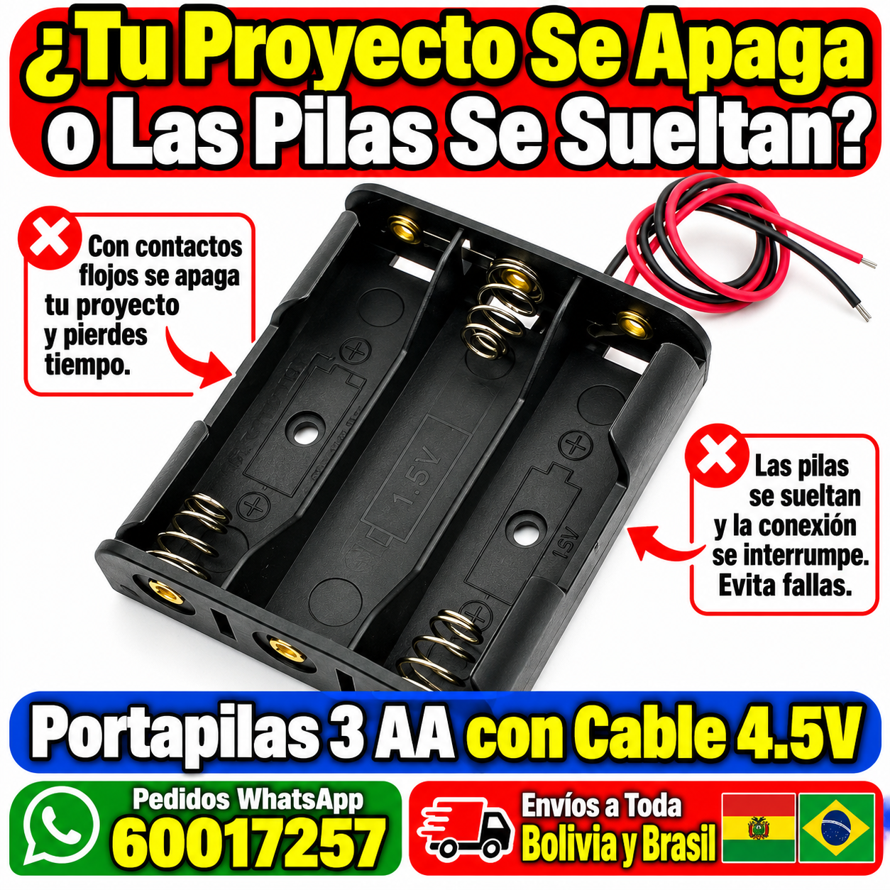 Portapilas 3 AA con cable rojo y negro salida 4.5V Portapilas 3 AA con cable rojo y negro salida 4.5V