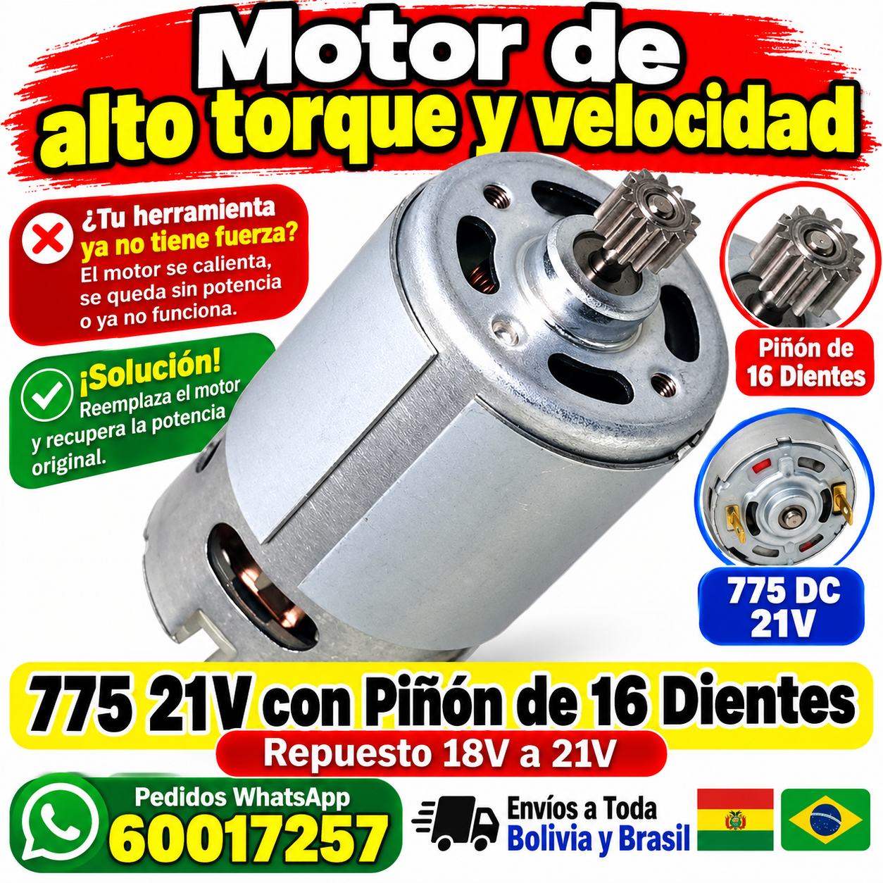 Motor 775 21V con piñón de 16 dientes para taladro inalámbrico y carro eléctrico de niños