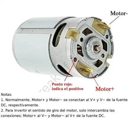 Motor 775 21V diagrama de conexión Motor+ y Motor− con punto rojo positivo