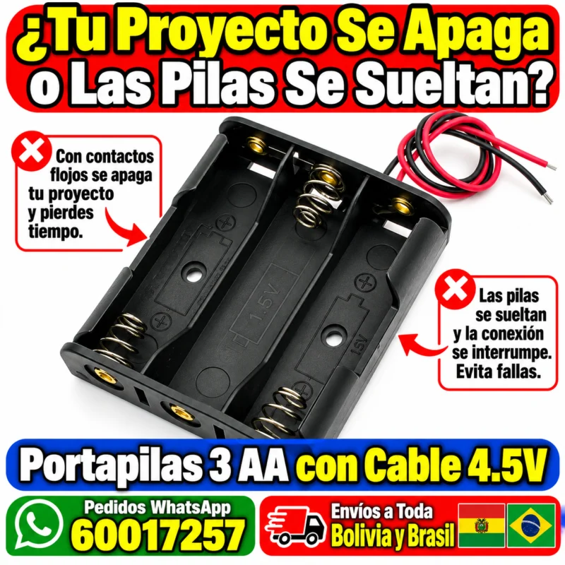 Portapilas 3 AA con cable rojo y negro salida 4.5V